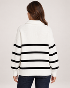 Women’s Striped Jumper with Half Zip Collar in White, three quarter body view