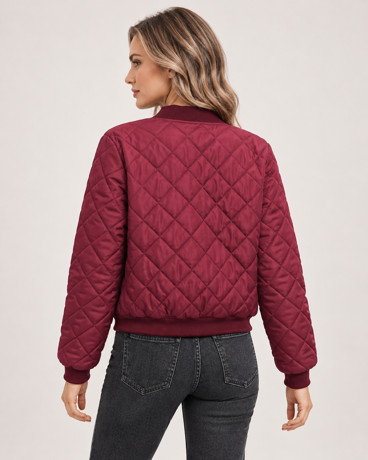 Women's Quilted Jacket with Stand Collar back view