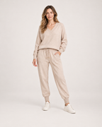 Women’s Loungewear Set with V-Neck Top and Joggers in Apricot, full body view