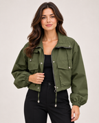 Women's Cropped Utility Jacket with Stand Collar and Chest Pockets product detail view