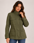 Women's army green utility jacket collar and pocket detail