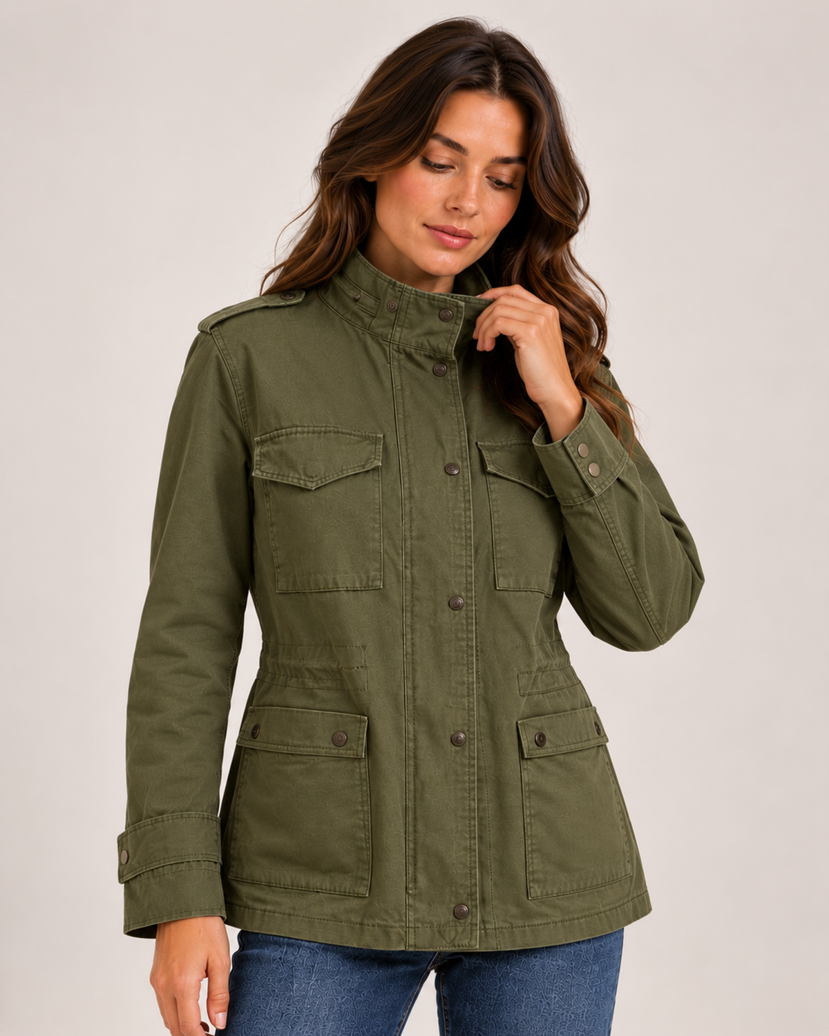Women's army green utility jacket collar and pocket detail