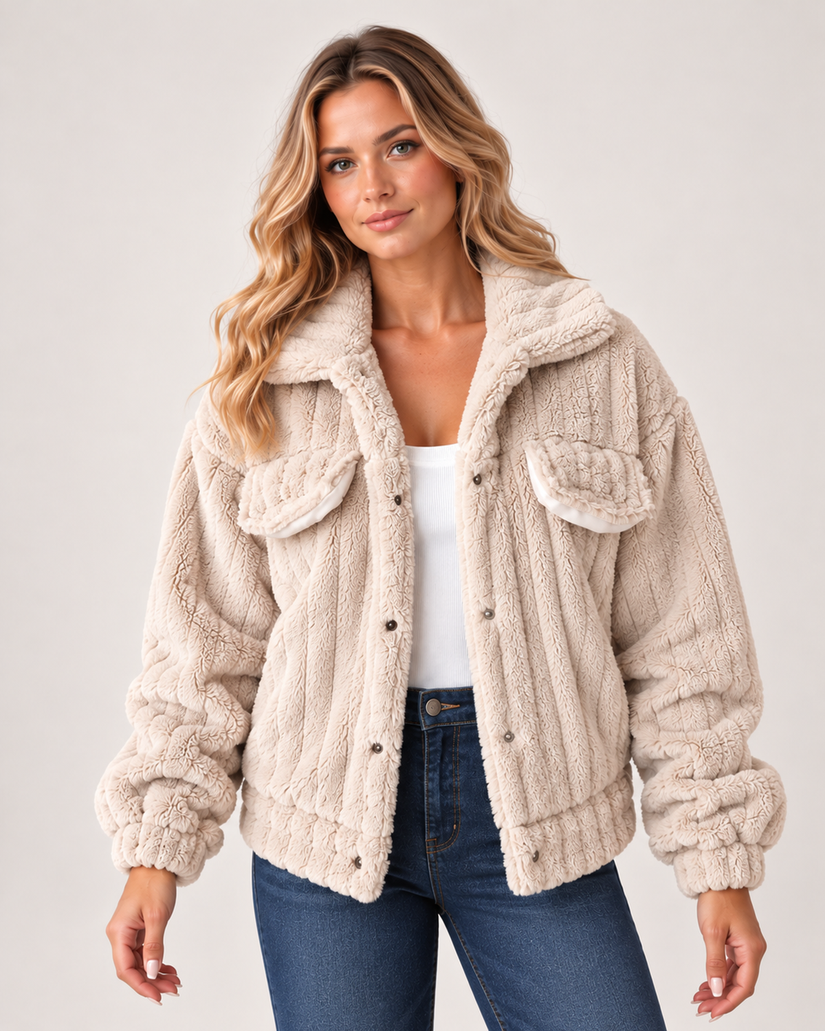 Women's Borg Jacket with Collar and Chest Pockets product detail view