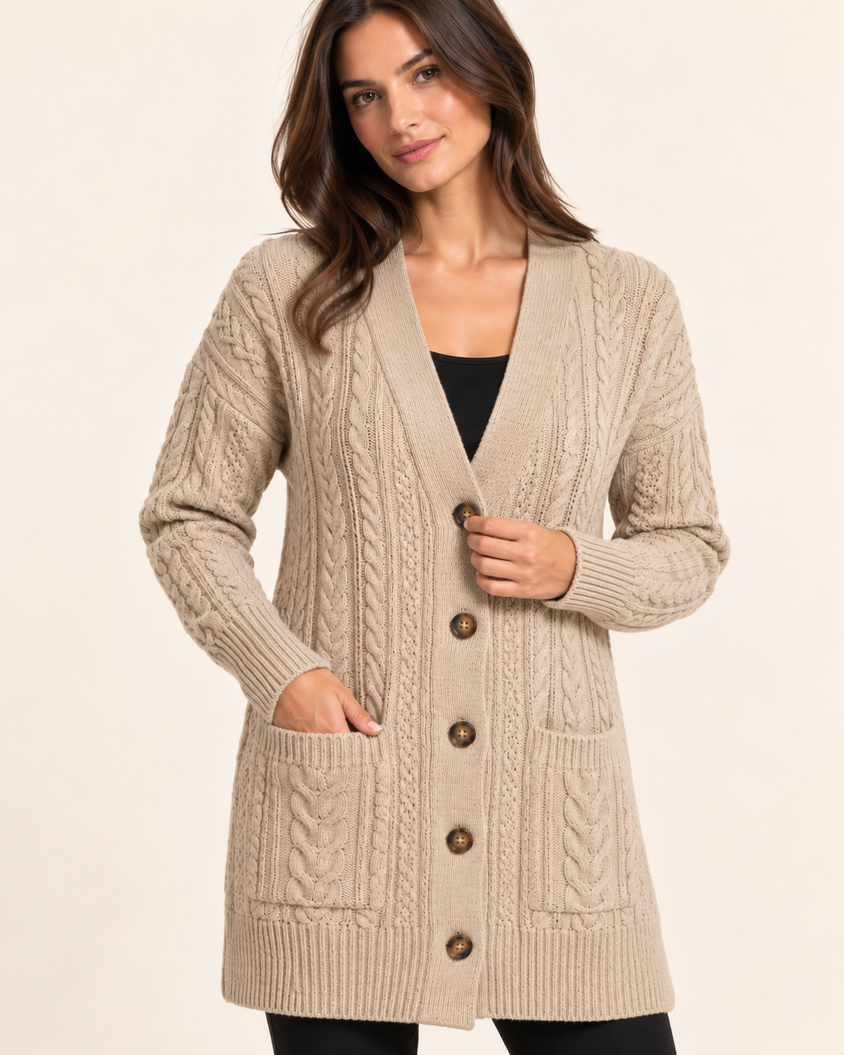 Women's beige cable knit button front coatigan product detail view