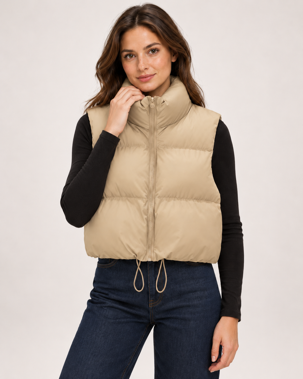 Women's beige cropped puffer gilet collar and drawstring detail