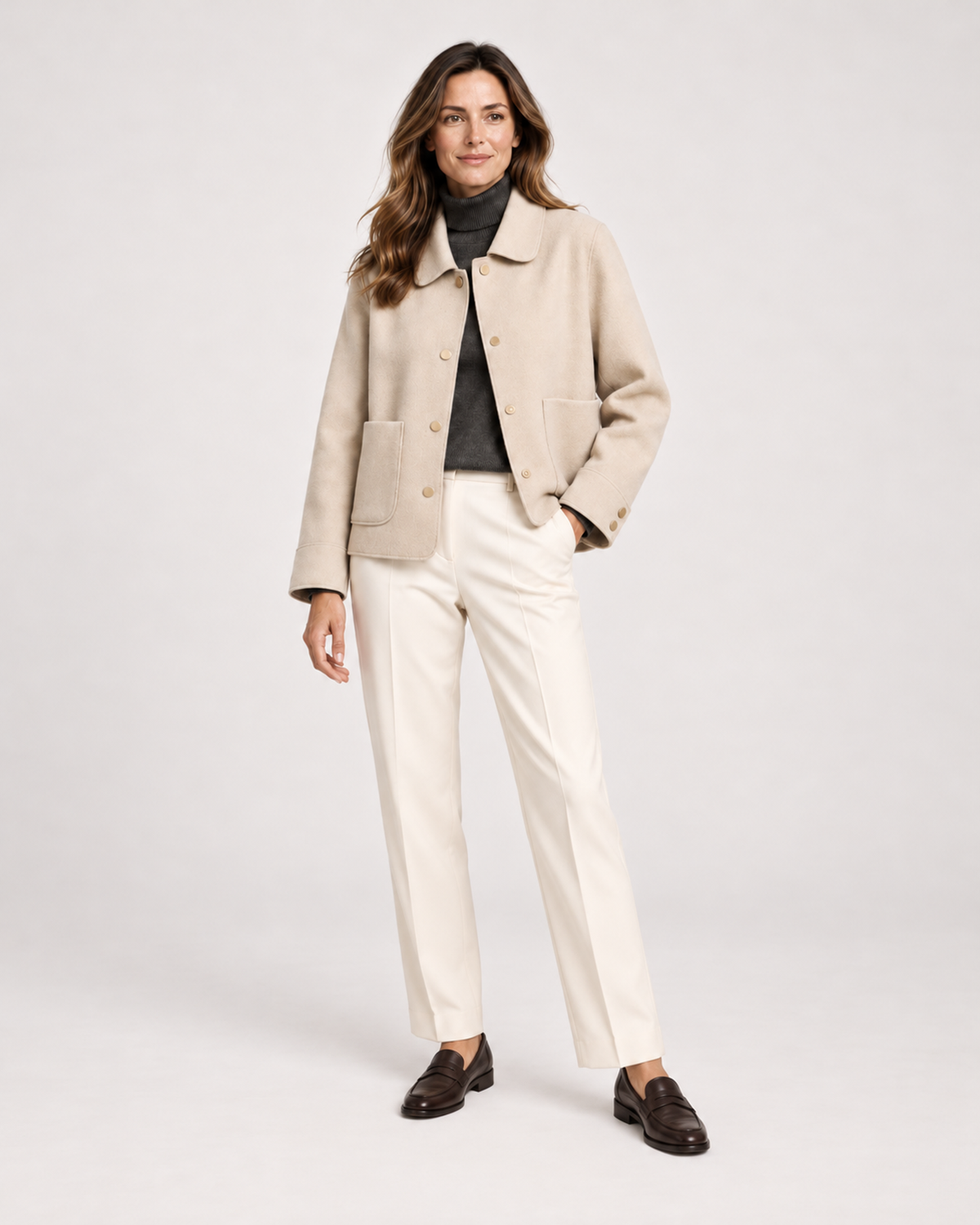 Women’s Short Jacket with Button Front and Patch Pockets in Beige, full body view