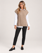 Women’s Knitted Vest with Longline Shape and Cable Detail in Beige, full body view