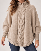 Women's Cable Knit Jumper with High Neck and Batwing Sleeves product view