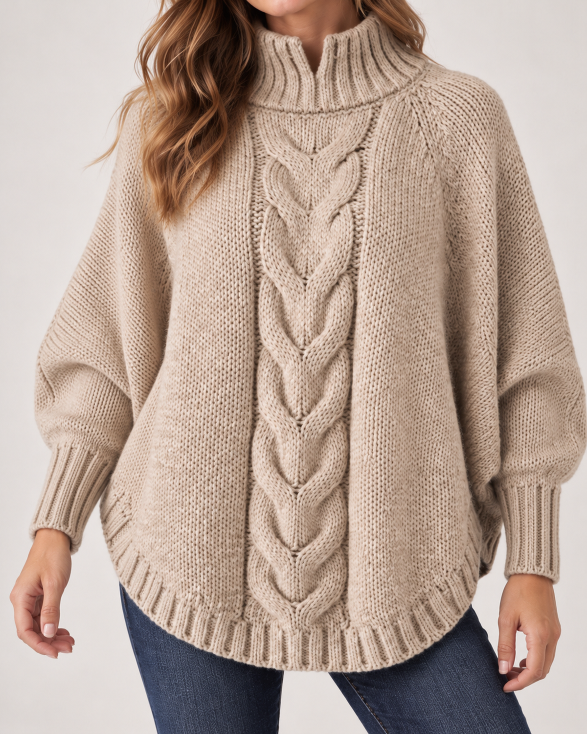 Women's Cable Knit Jumper with High Neck and Batwing Sleeves product view
