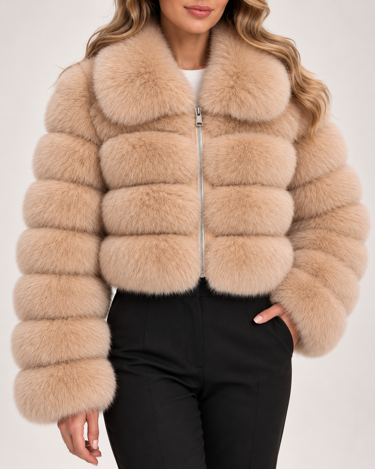 Women's Faux Fur Jacket with Cropped Shape and Wide Collar product view