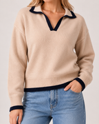 Women's V Neck Collared Knitted Jumper product view