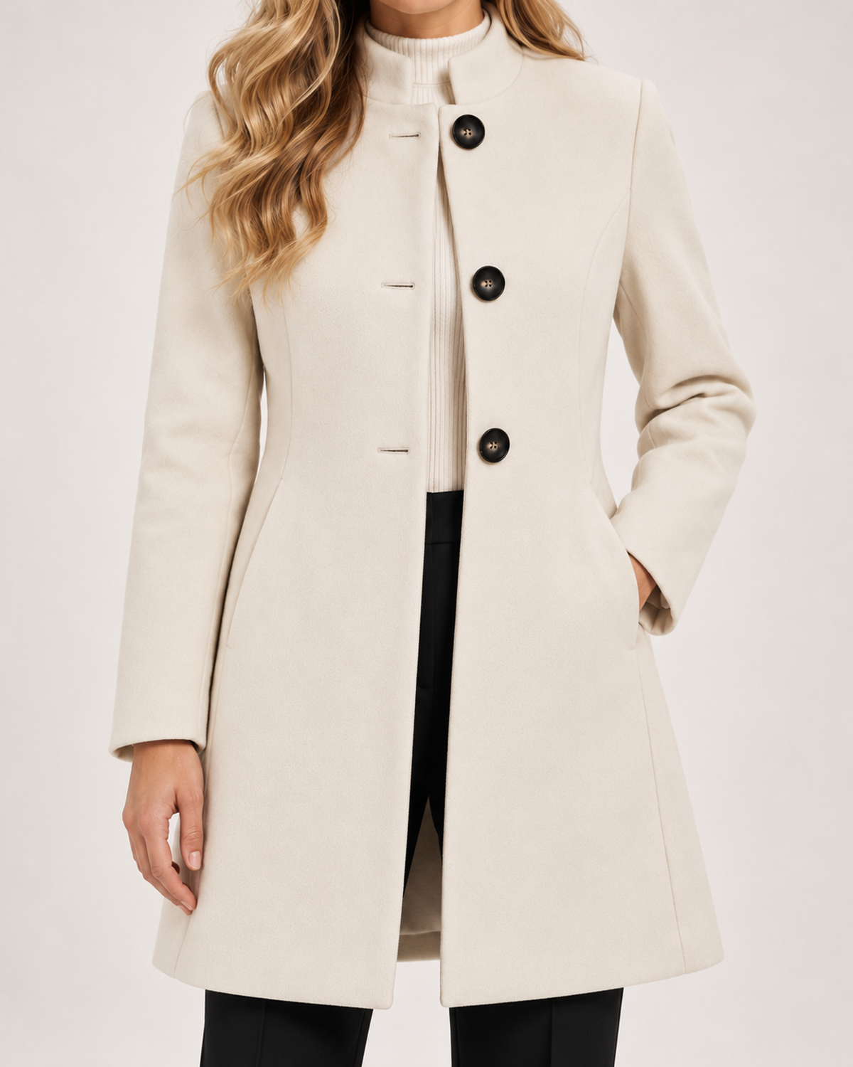 Women's Mid Length Coat with Collarless Neck product view