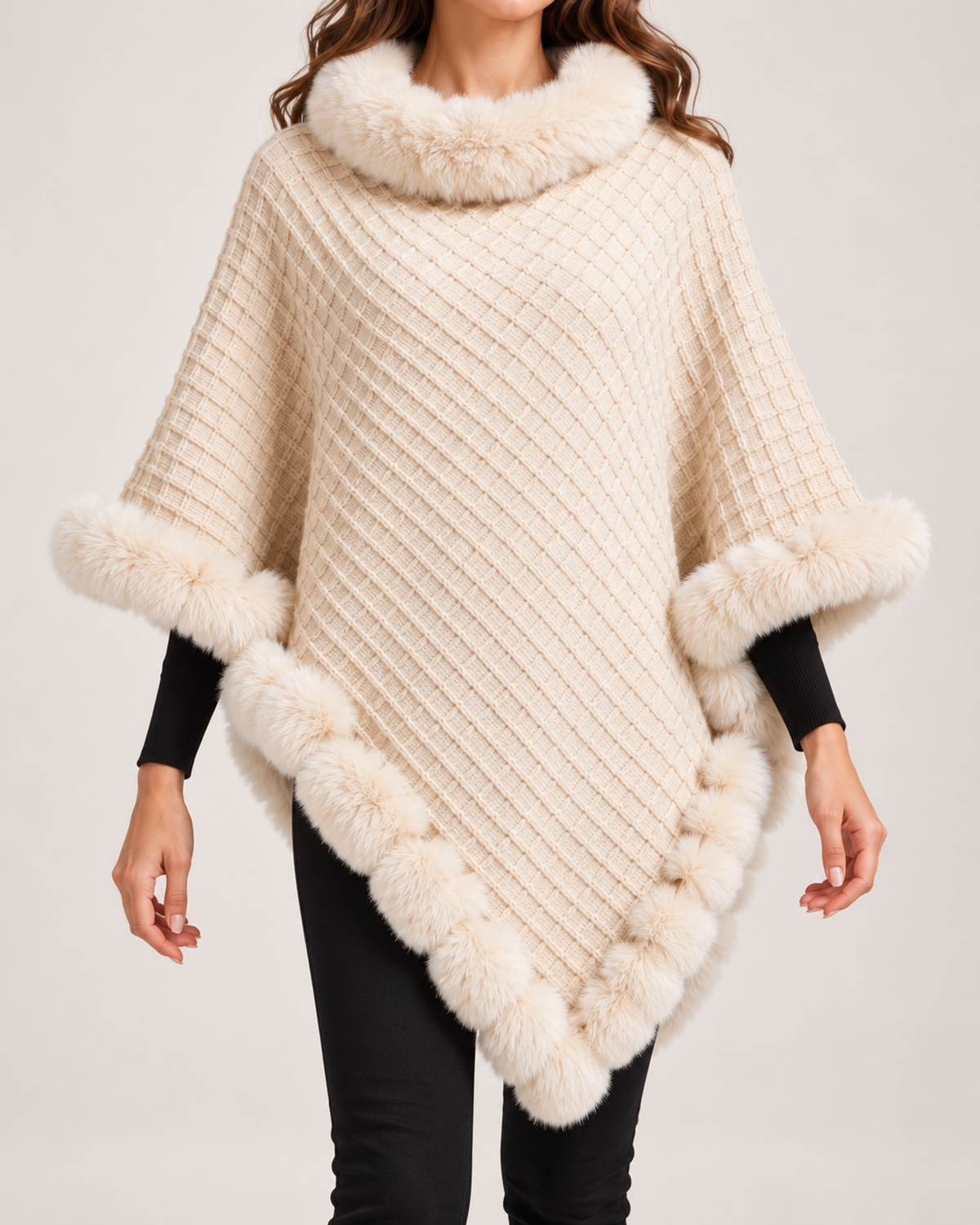 Women's beige cape coat with faux fur trim product detail view