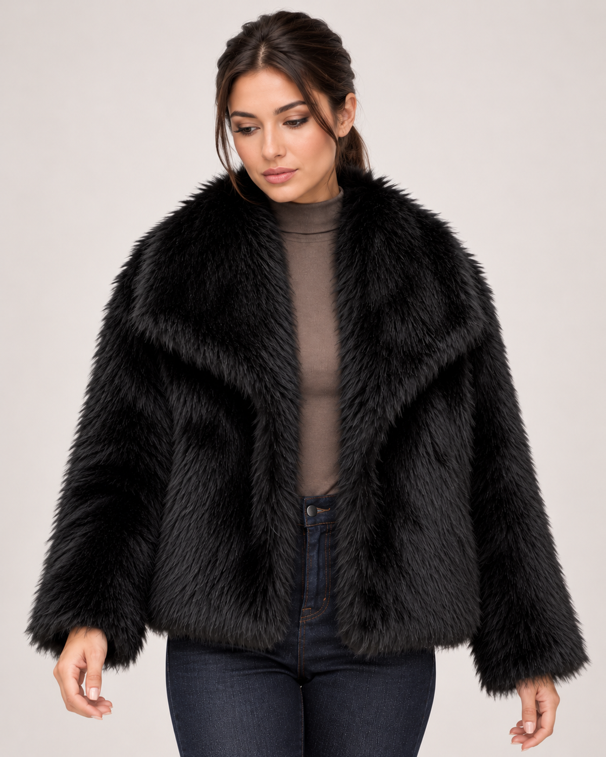 Women's Faux Fur Jacket with Wide Lapel Collar product detail view