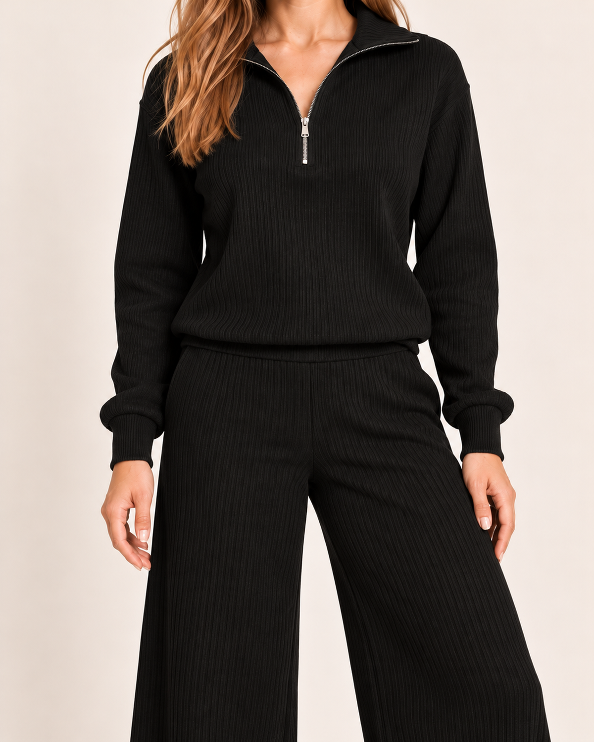 Women's black half zip co-ord set close front view