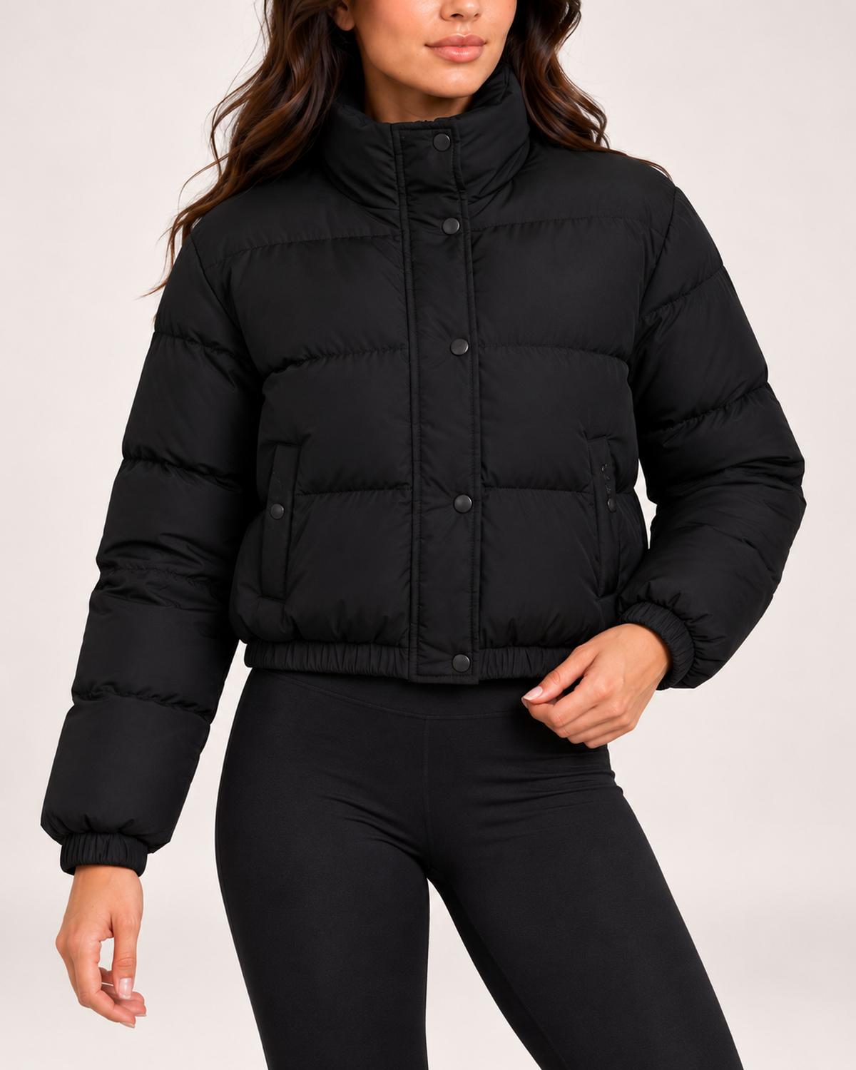 Women's black quilted bomber jacket close product view