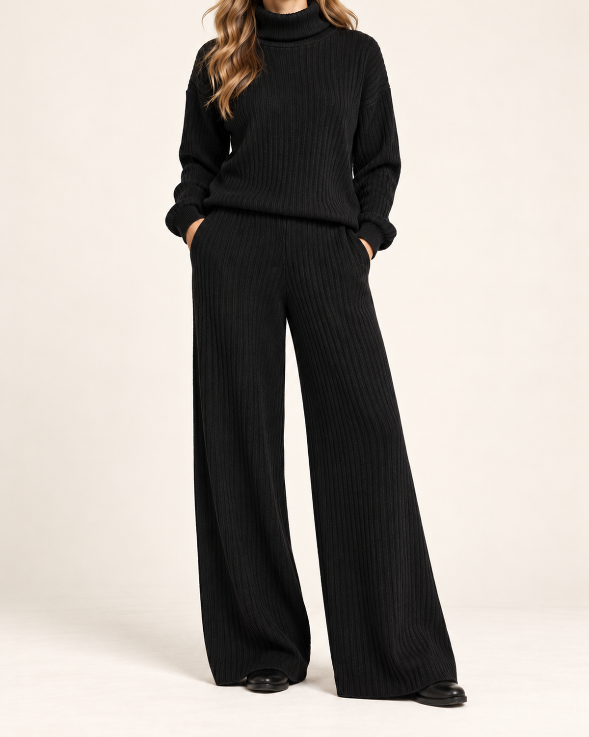 Women's black knitted roll neck co-ord set product detail view