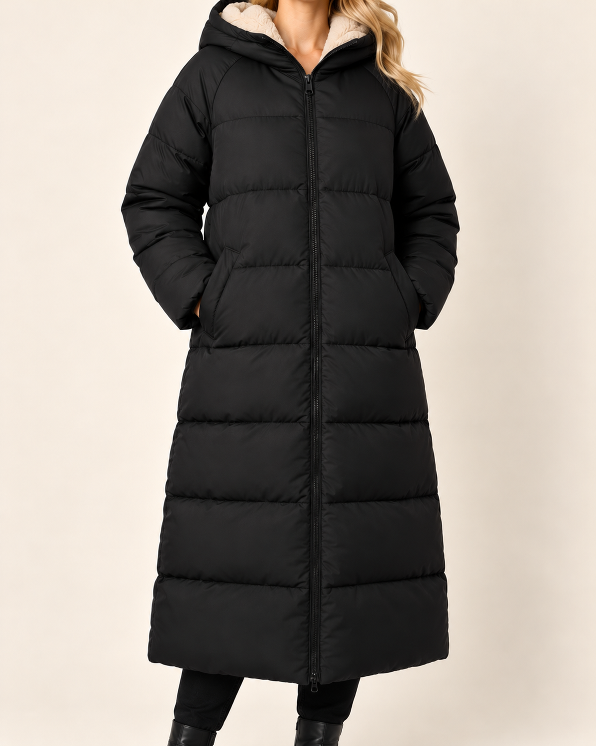Women's black long puffer coat with hood product detail view