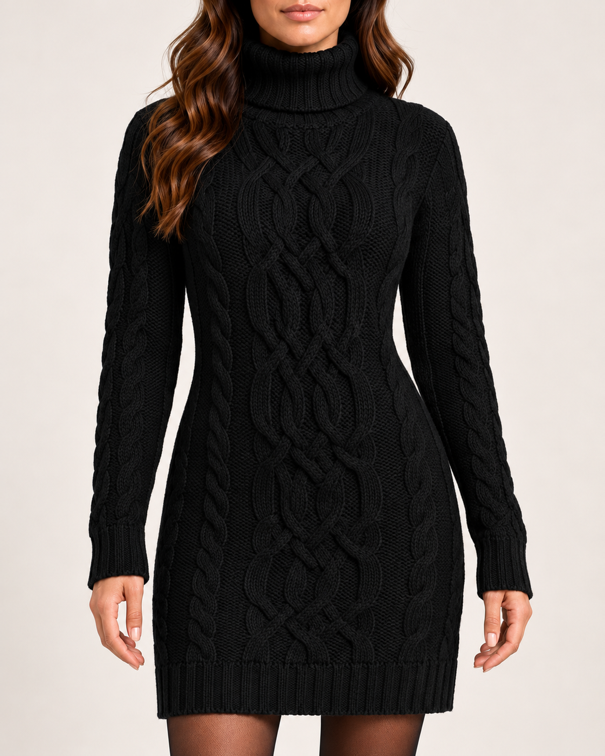 Women's black cable knit roll neck jumper dress product detail