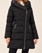 Women's black long puffer jacket with asymmetric zip product detail view