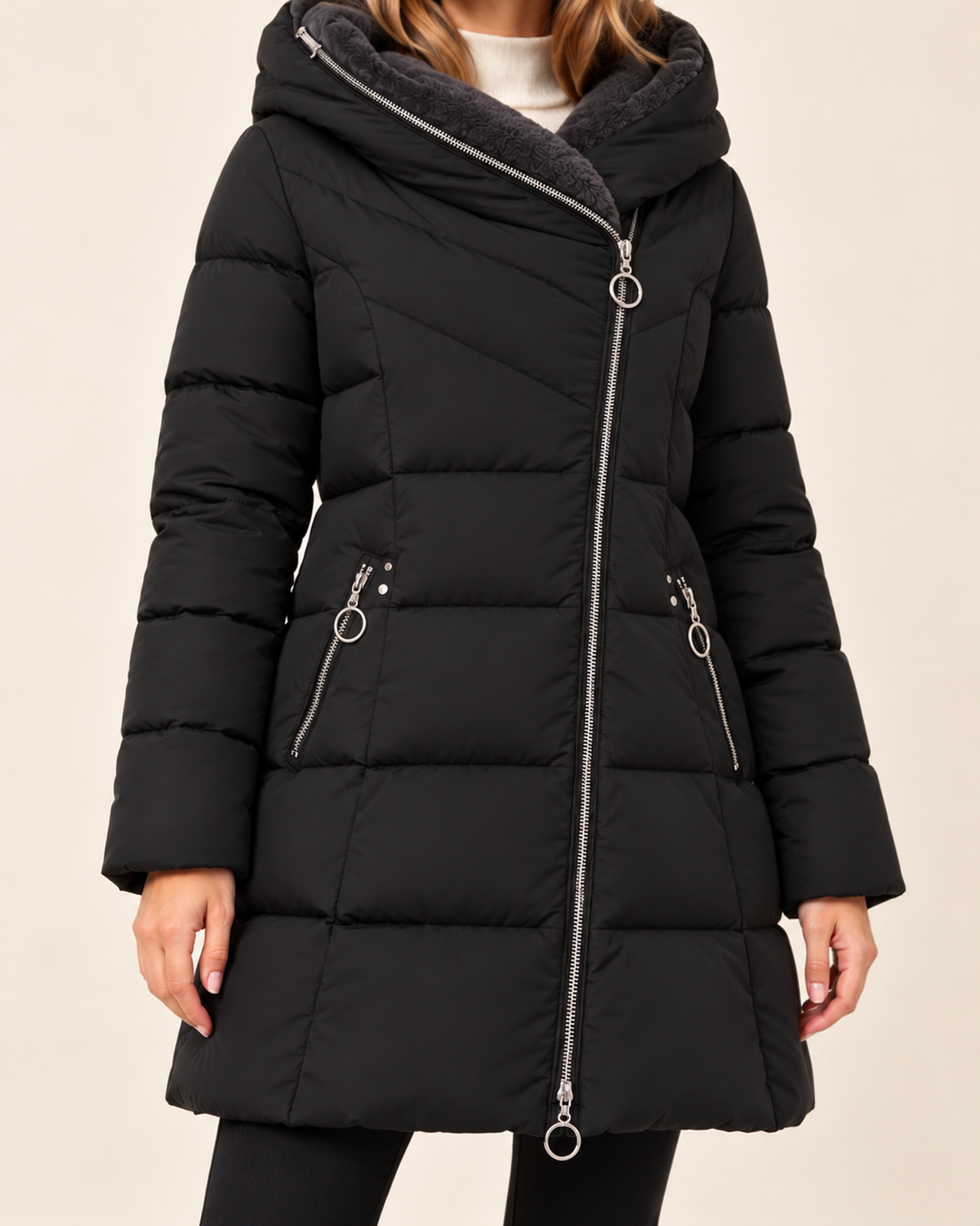 Women's black long puffer jacket with asymmetric zip product detail view