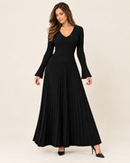 Women’s Knitted Dress with V Neck and Pleated Maxi Skirt in Black, full body view