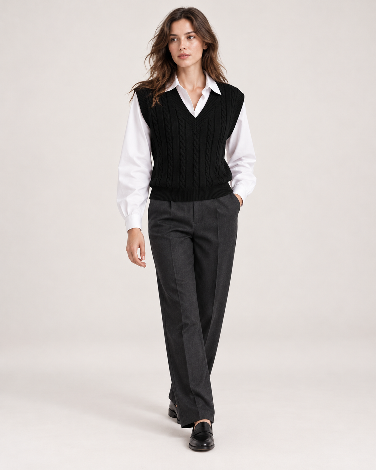 Women's black cable knit sweater vest full body walking view