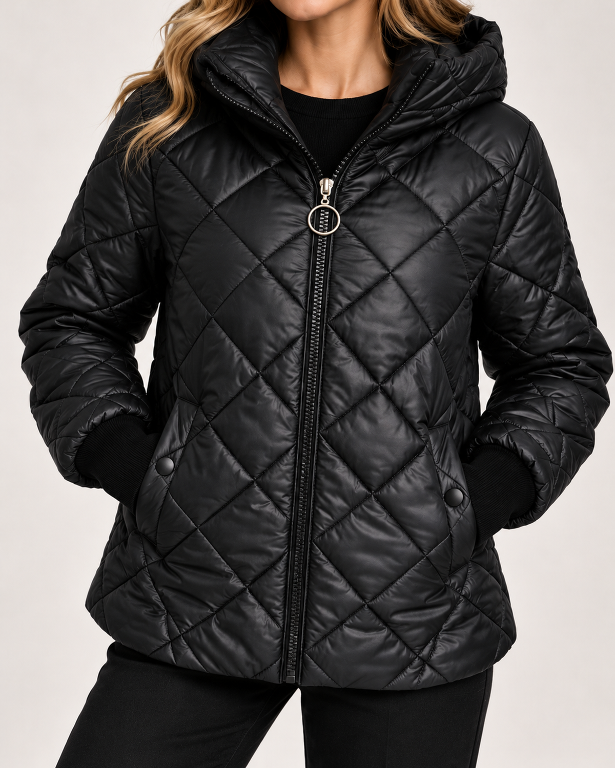 Women's Quilted Jacket with Hood and Zip Front product view