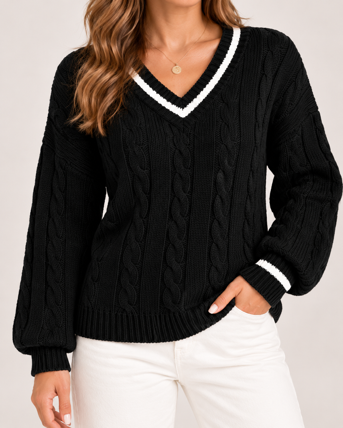 Women's V Neck Cable Knit Jumper with Contrast Trim product view