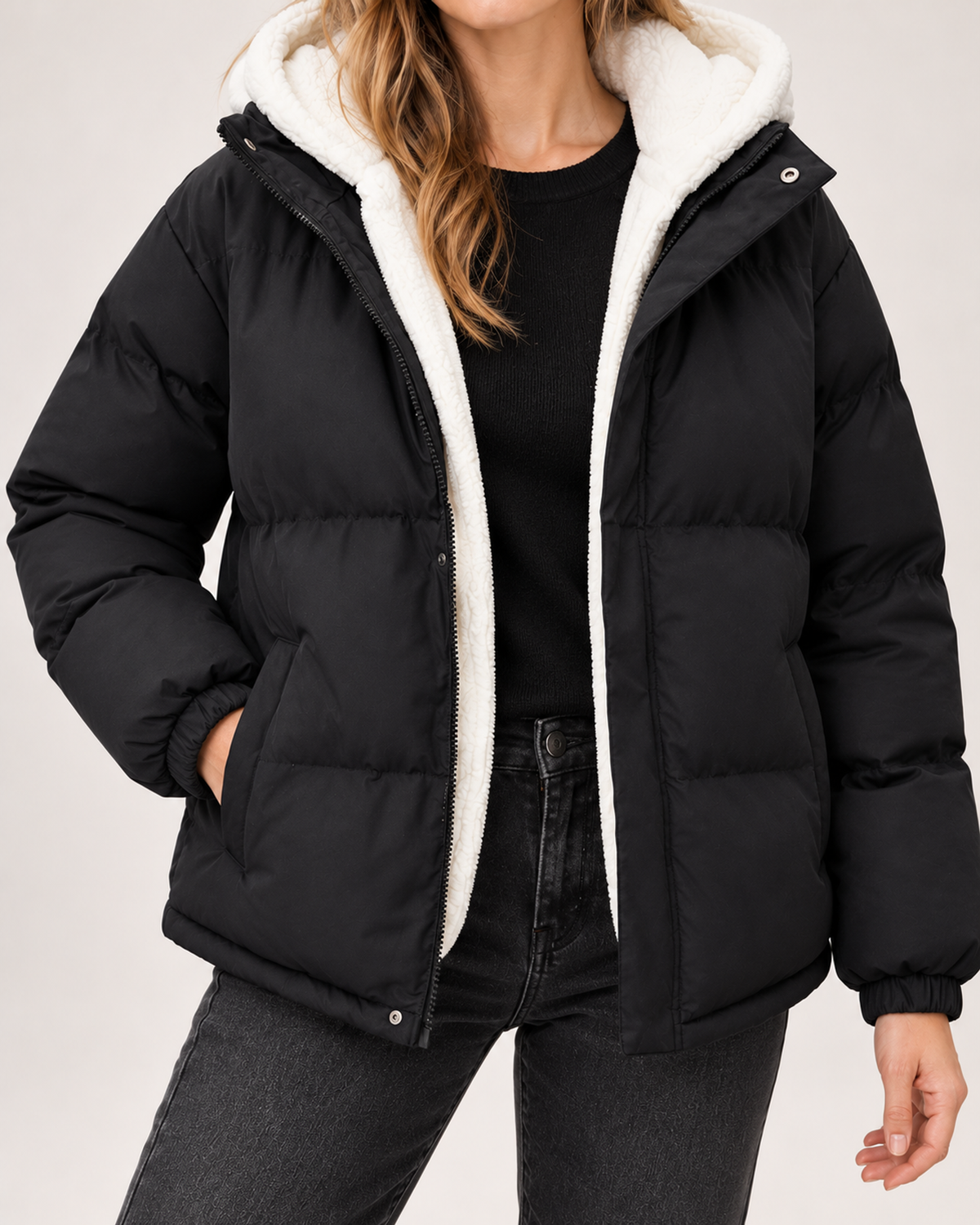 Women's Hooded Puffer Jacket with Teddy Fleece Lining product view