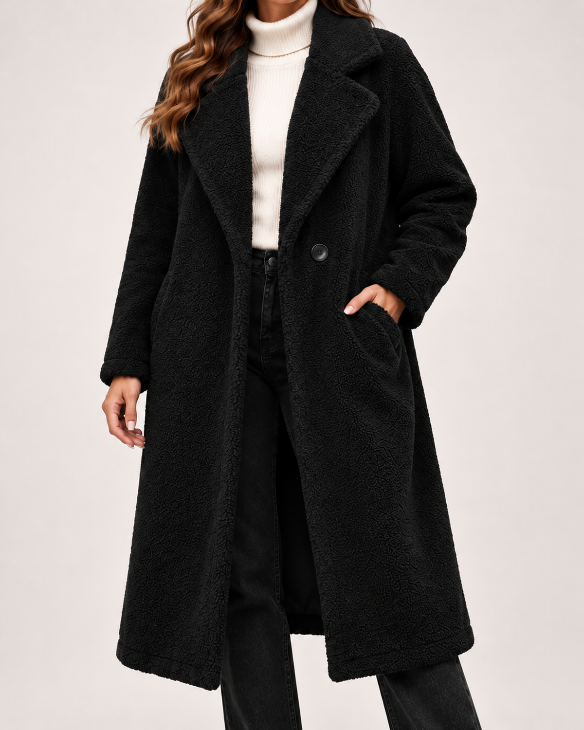 Women's Borg Coat with Long Shape and Lapel Collar product view