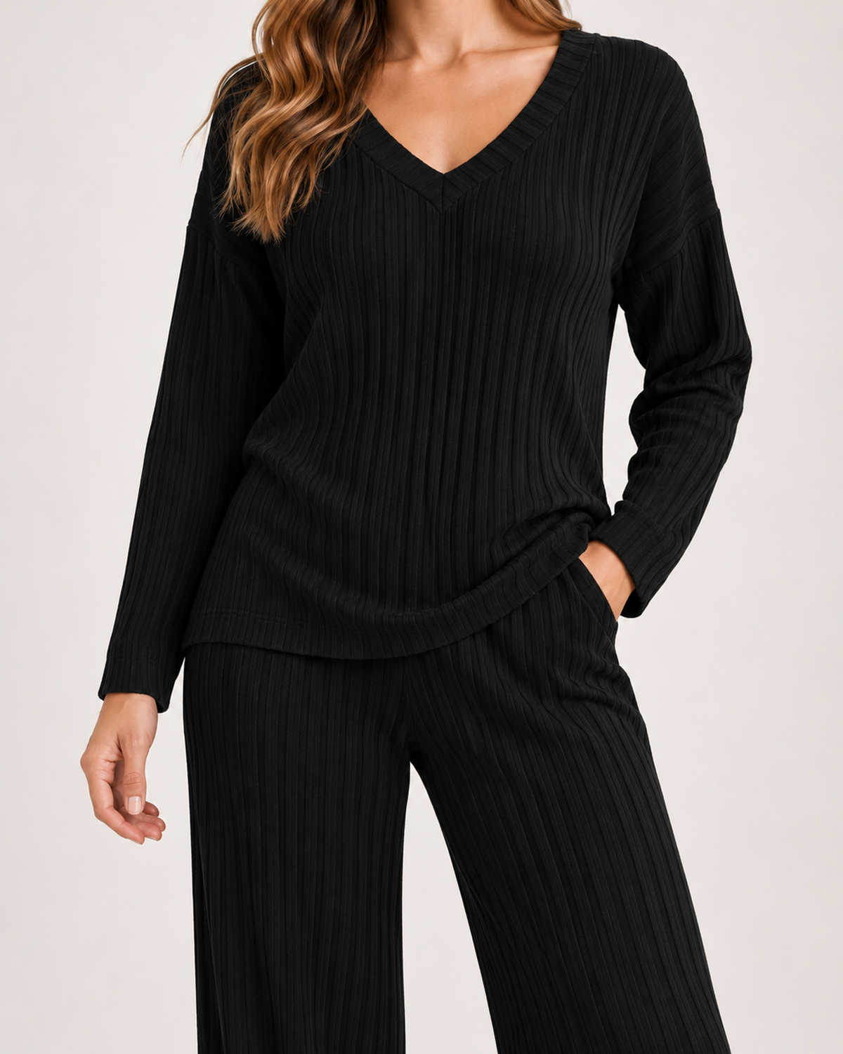 Women's Co-Ord Set with Ribbed V-Neck Top and Wide Leg Trousers product view