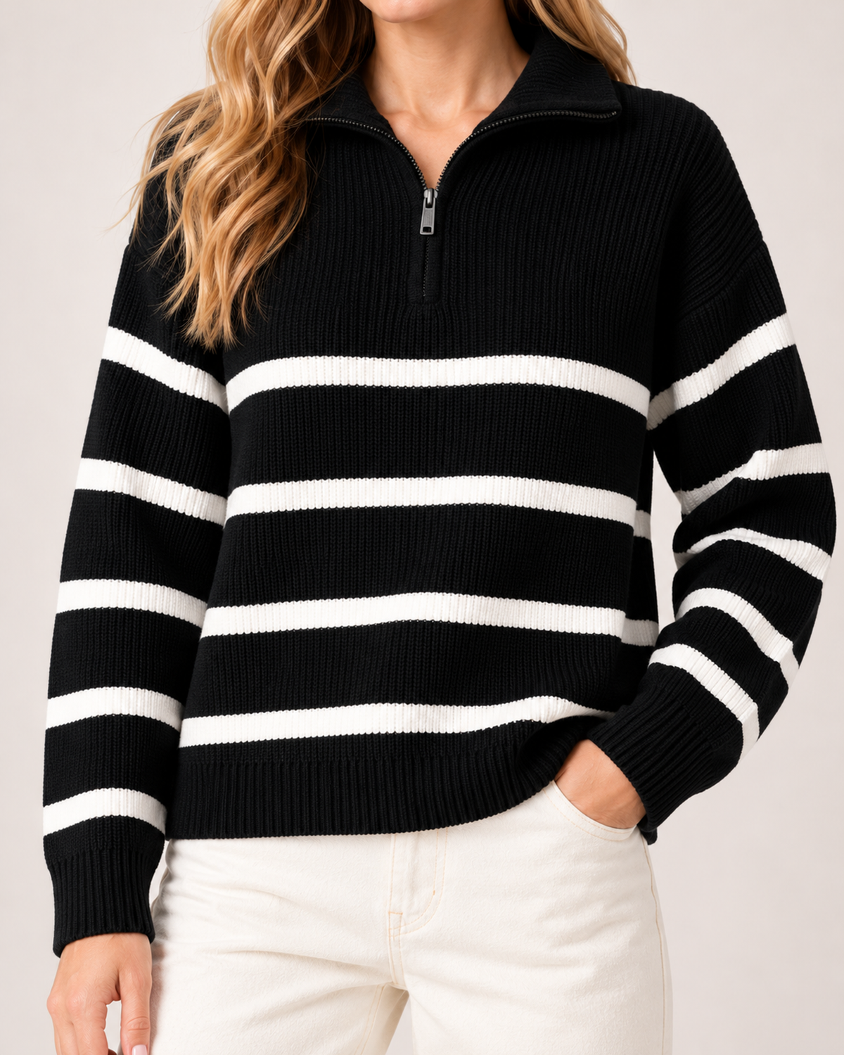 Women's Striped Jumper Half Zip Collared Knit Style product view