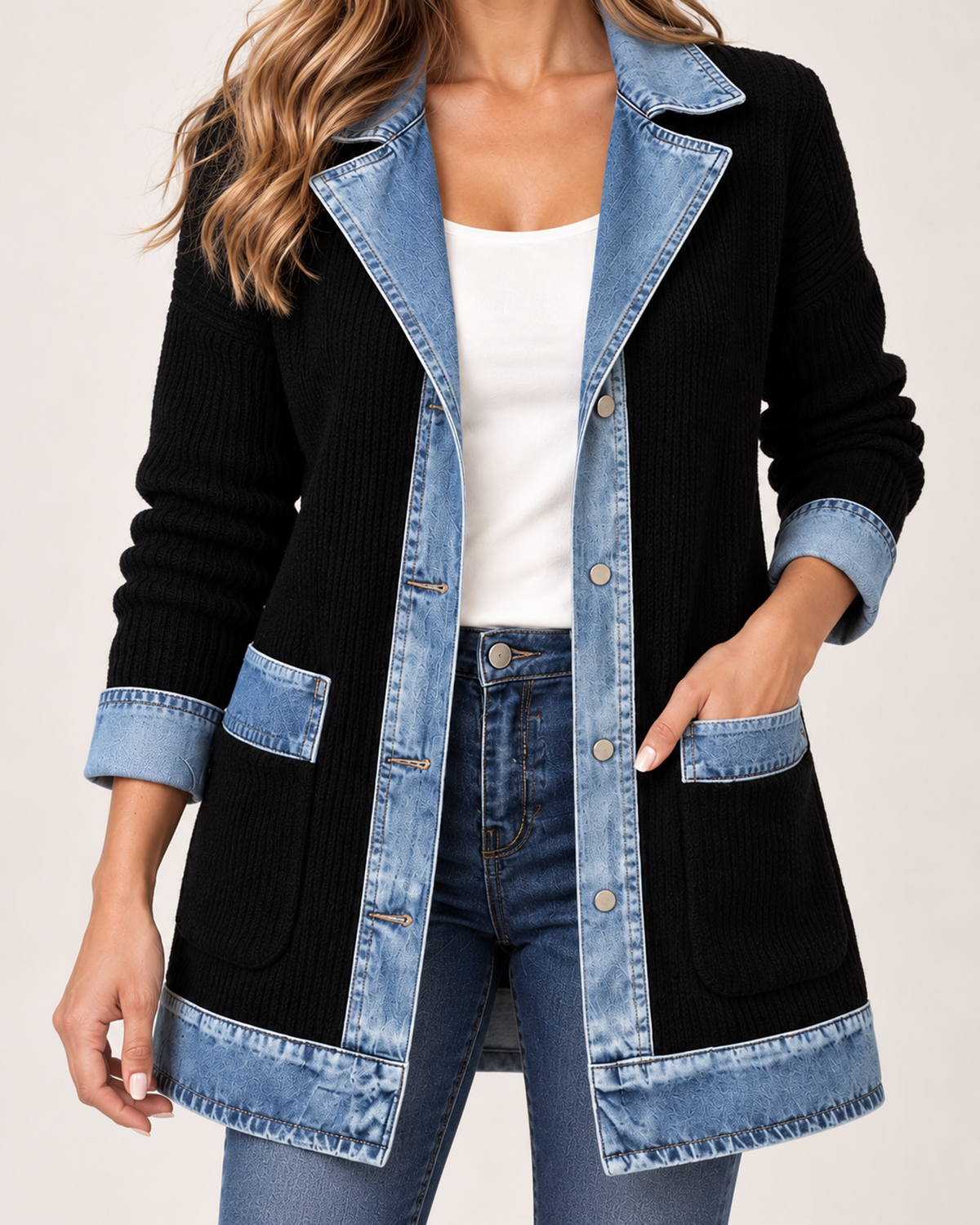 Women's Coatigan with Denim Collar and Button Front product view