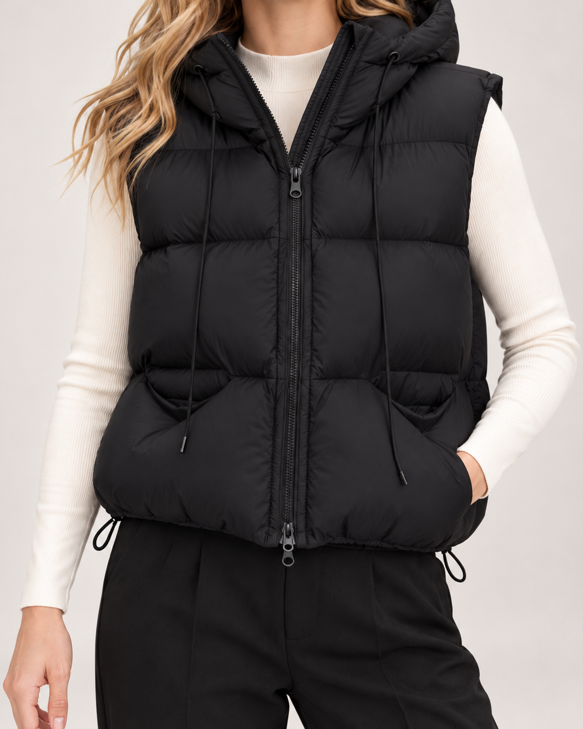 Women's Hooded Gilet with Padded Design and Drawstring Hem product view