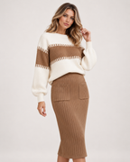 Women's Knitted Co-Ord Set with Colour-Block Jumper and Midi Skirt product detail view
