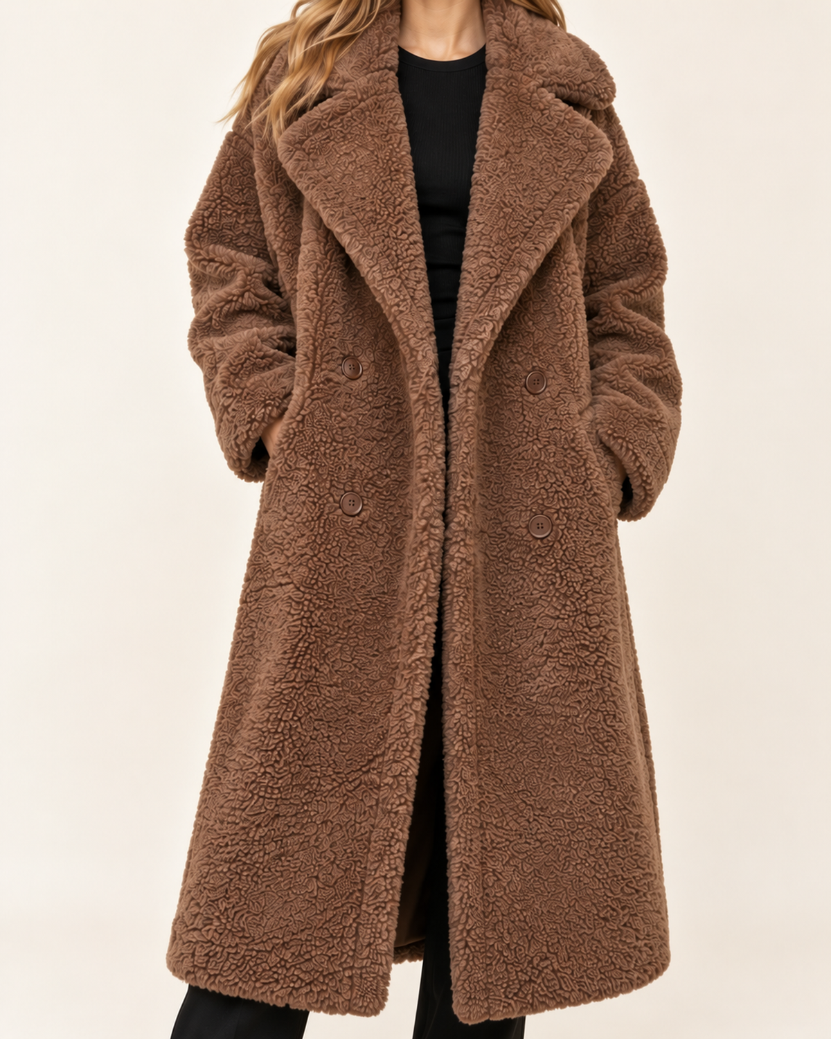 Women's brown long teddy coat product detail view