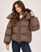 Women's brown puffer jacket hood and drawstring detail view