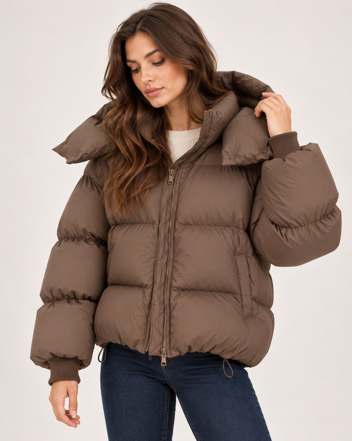 Women's brown puffer jacket hood and drawstring detail view