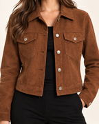 Women's brown faux suede button up jacket product detail view