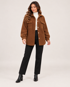 Women’s Teddy Jacket with Button Front and Chest Pockets in Brown, full body view