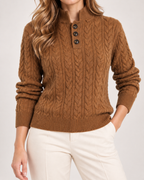 Women's Cable Knit Jumper with Stand Collar and Button Neck product view