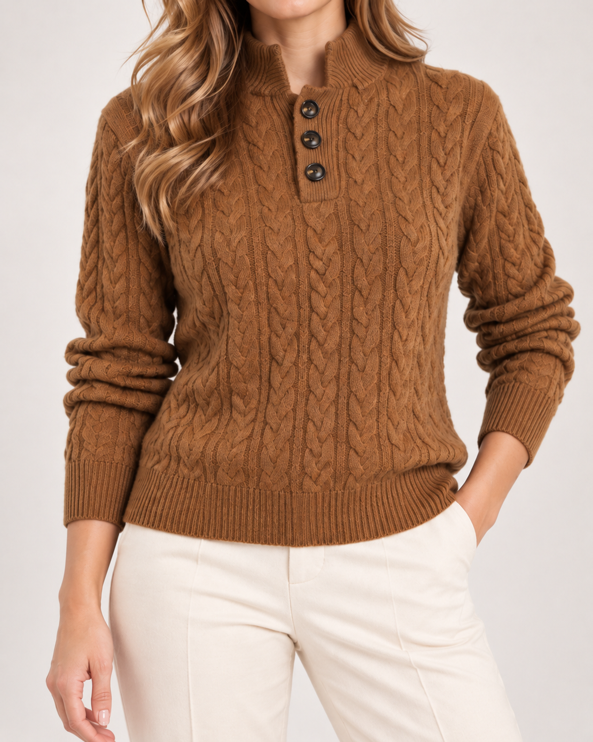 Women's Cable Knit Jumper with Stand Collar and Button Neck product view