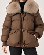 Women's Puffer Jacket with Faux Fur Collar and Drawstring Waist product view