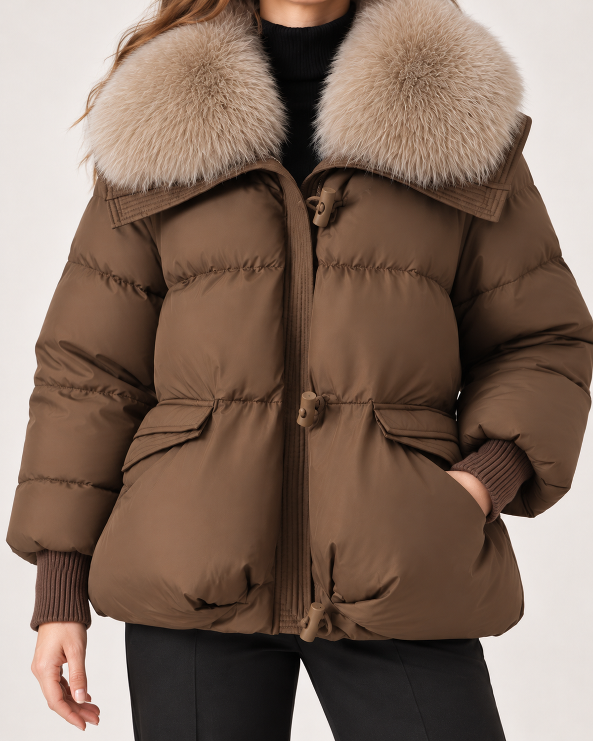 Women's Puffer Jacket with Faux Fur Collar and Drawstring Waist product view