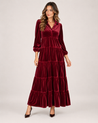 Women’s Velvet Maxi Dress with Collar and Tiered Skirt in Burgundy, full body view