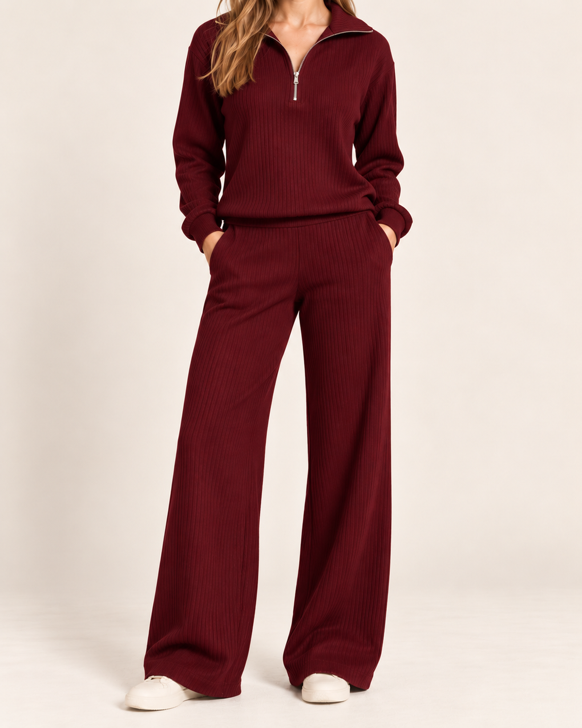 Women's burgundy half zip co-ord set close variant view