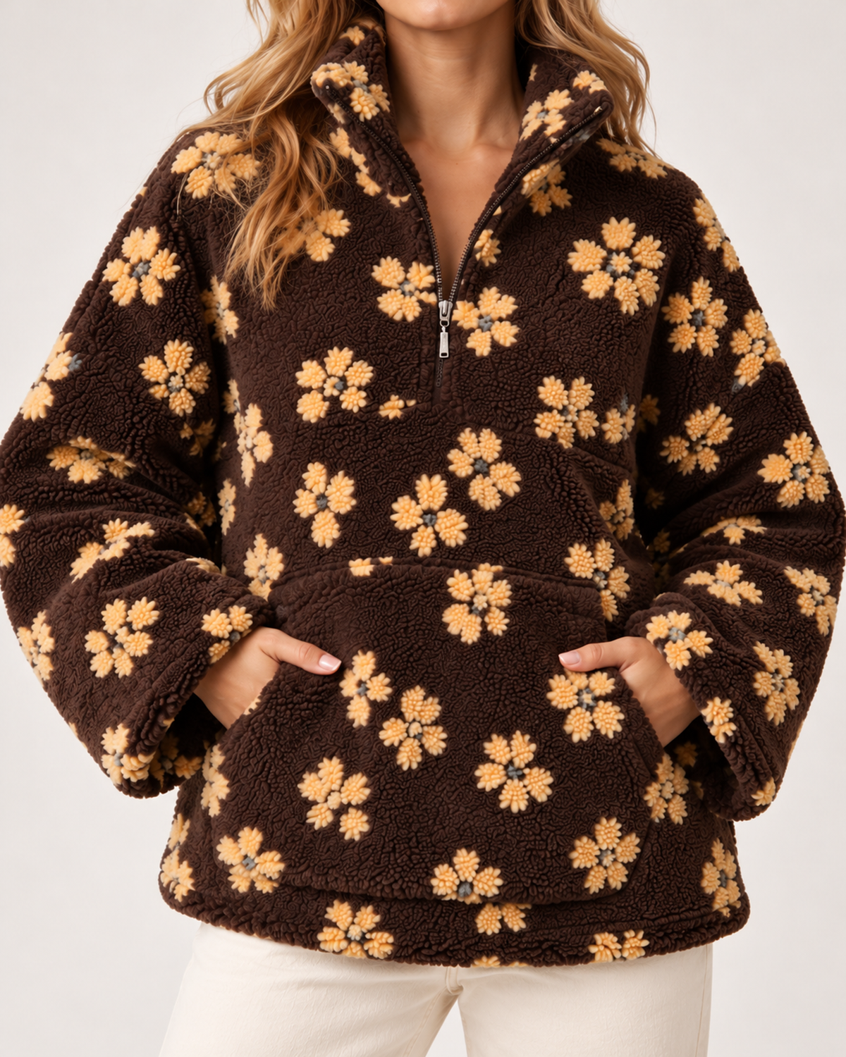 Women's Borg Jacket with Floral Pattern and Half Zip product view
