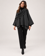 Women's dark grey asymmetric scarf cape coat full body walking view