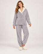 Women’s Fleece Pyjamas with Contrast Collar in Grey, full body view